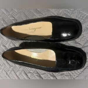 Salvatore Ferragamo Black Croc-Embossed Flats